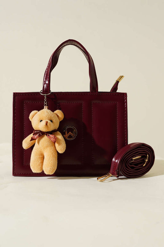 Square Bag with Teddy Bear Stitching, Burgundy