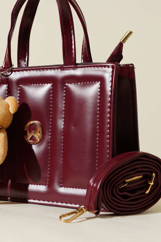 Square Bag with Teddy Bear Stitching, Burgundy