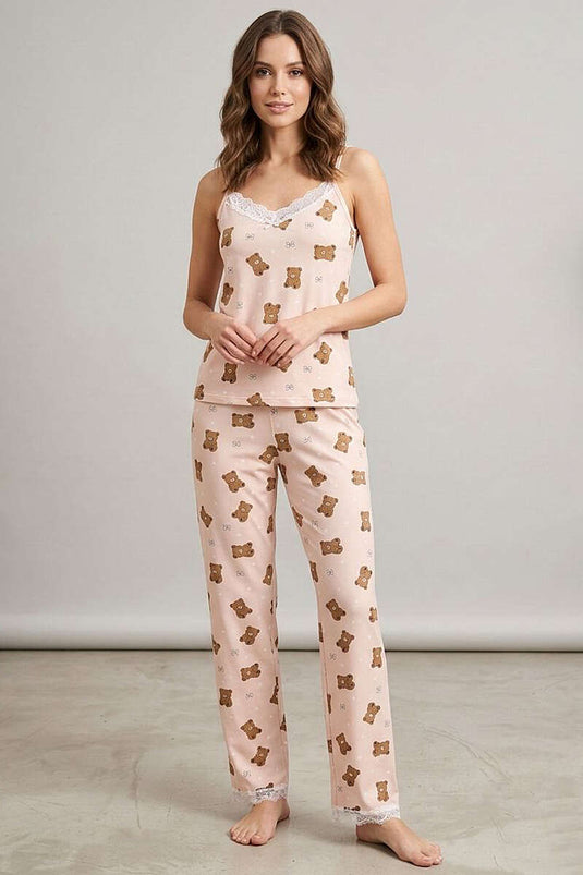 Pajama Set with Bear and Bow, Spaghetti Straps, Coral Pink