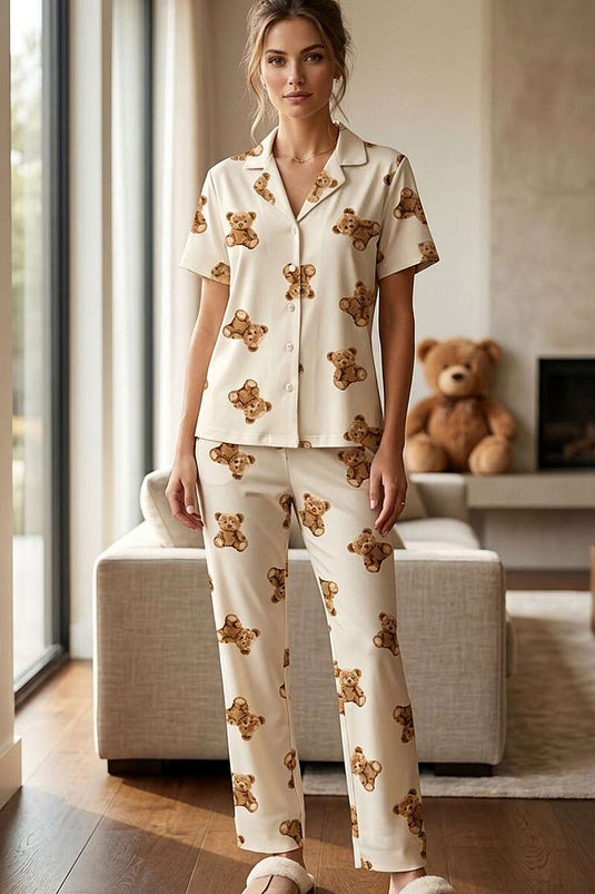 Ayıcıklı İnci Düğmeli Kısa Kollu Pijama Takımı Bej