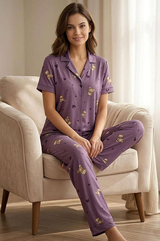 Ensemble pyjama à manches courtes avec oursons et cœurs, lilas