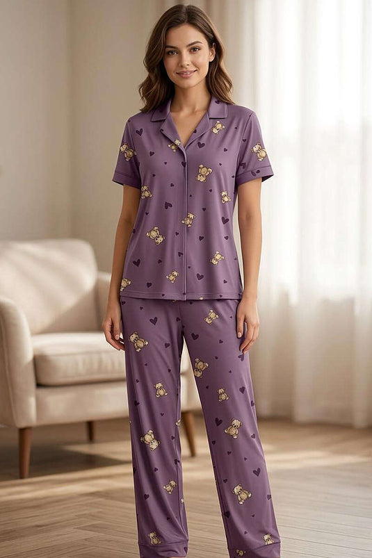 Ensemble pyjama à manches courtes avec oursons et cœurs, lilas