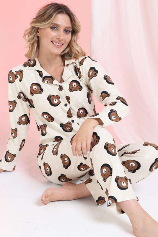 Ensemble pyjama boutonné en daim beige à motif ours en peluche