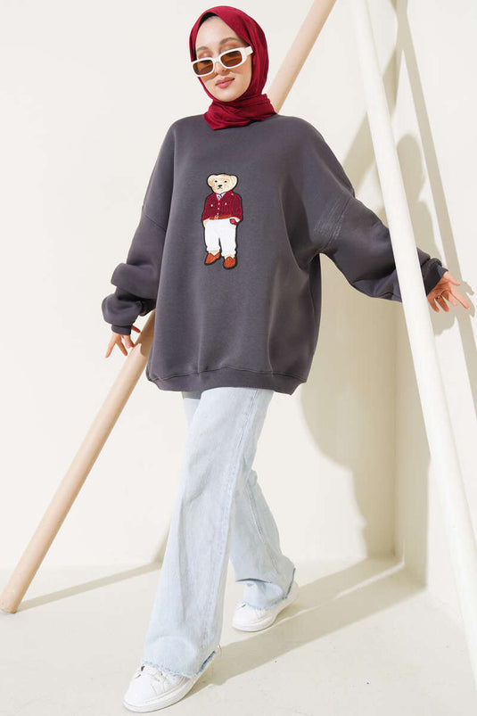 Dreifädiges Oversize-Sweatshirt mit Teddybär, geräuchert