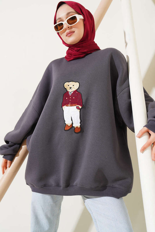 Dreifädiges Oversize-Sweatshirt mit Teddybär, geräuchert