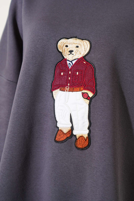 Dreifädiges Oversize-Sweatshirt mit Teddybär, geräuchert