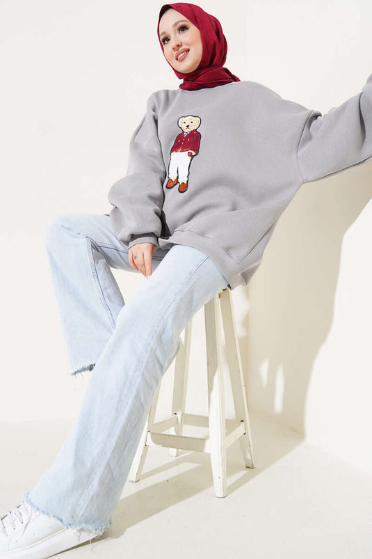 Ayıcıklı Üç İplik Oversize Sweatshirt Gri