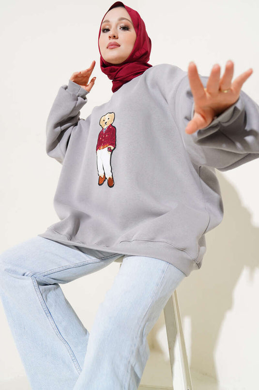 Ayıcıklı Üç İplik Oversize Sweatshirt Gri