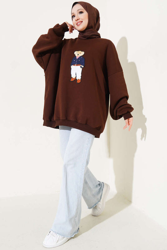 Ayıcıklı Üç İplik Oversize Sweatshirt Kahve