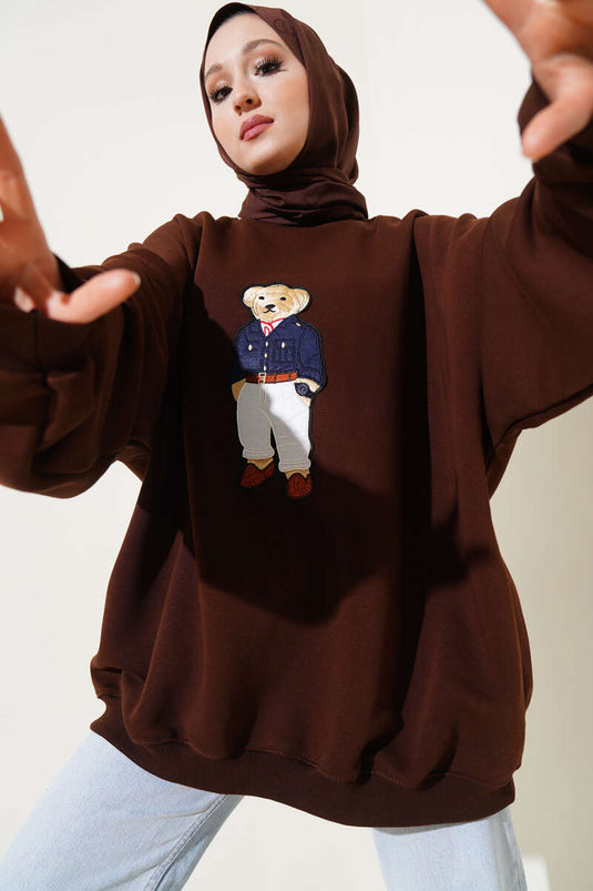 Teddybär-Sweatshirt mit drei Fäden in Übergröße, Braun