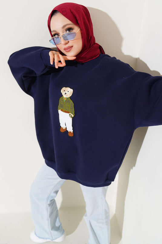 Teddybär-Sweatshirt mit drei Fäden in Übergröße, Marineblau