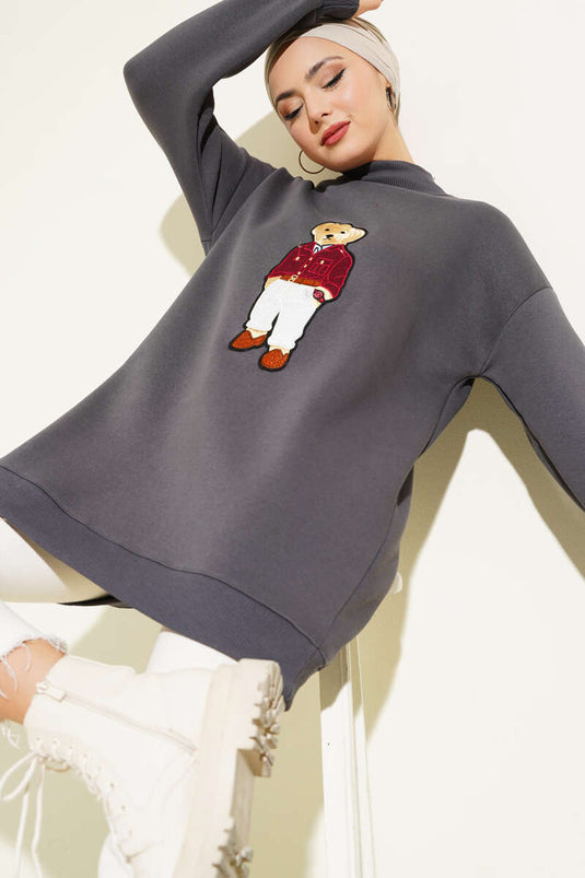 Ayıcıklı Üç İplik Sweatshirt Füme