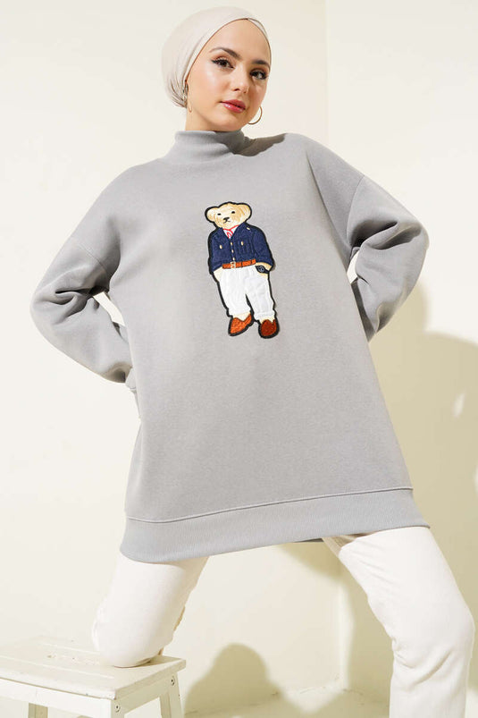 Ayıcıklı Üç İplik Sweatshirt Gri