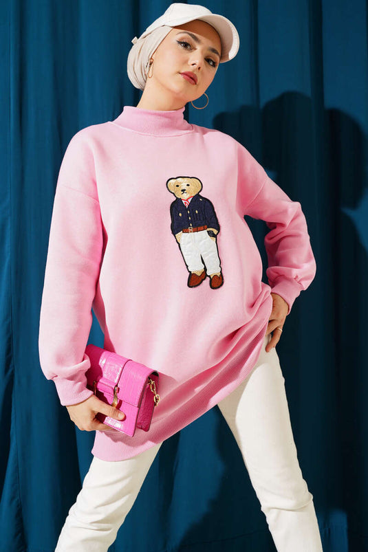 Ayıcıklı Üç İplik Sweatshirt Pembe