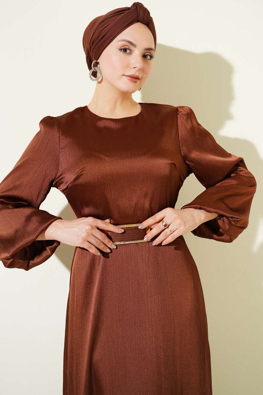 Ayna Gürtel Ballonärmel Abendkleid Braun