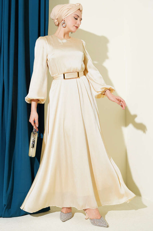 Ayna Gürtel Ballonärmel Abendkleid Beige