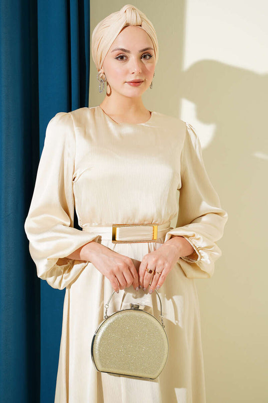 Ayna Gürtel Ballonärmel Abendkleid Beige
