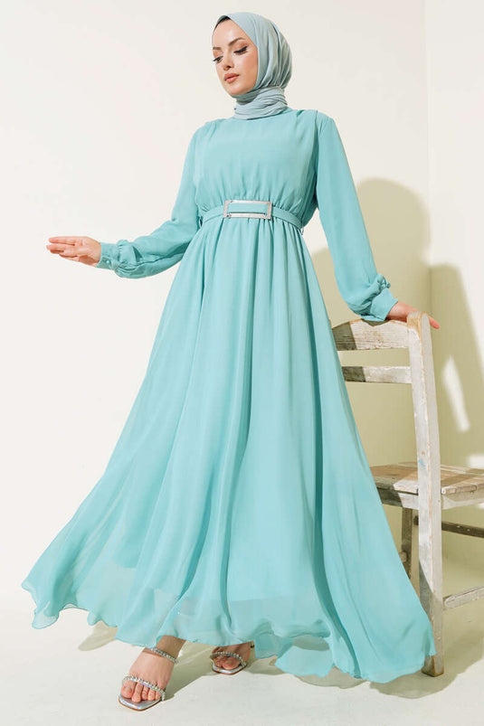 Ayna Jurk met Ceintuur van Chiffon Turkoois