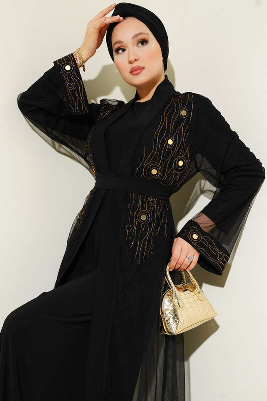 Ayna Taşlı Abaya Siyah