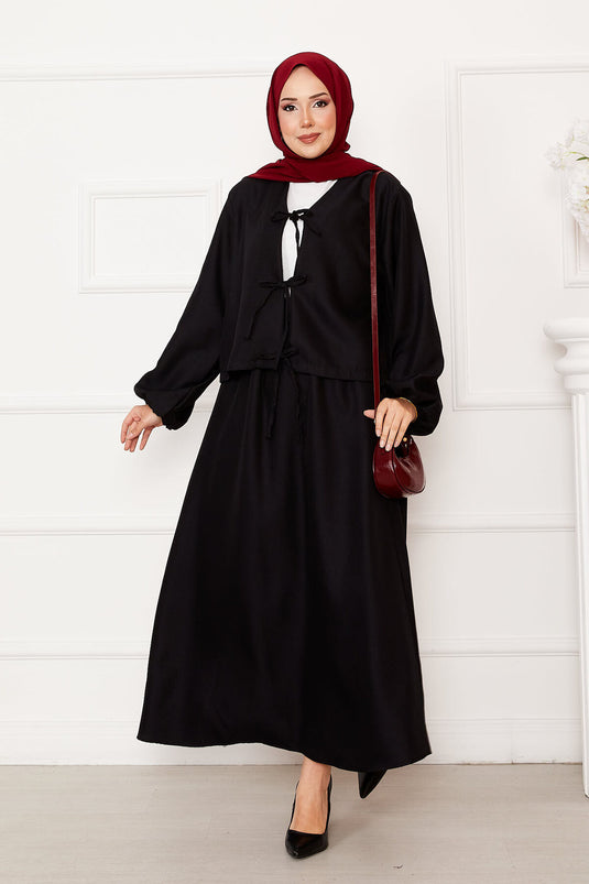 Bağcık Detaylı Etekli Tesettür Takım Siyah