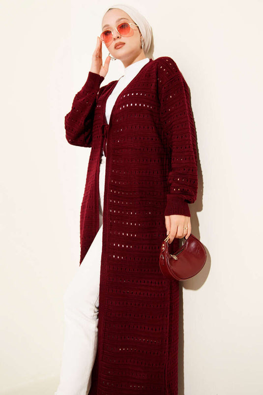 Bağcık Detaylı Uzun Triko Hırka Bordo