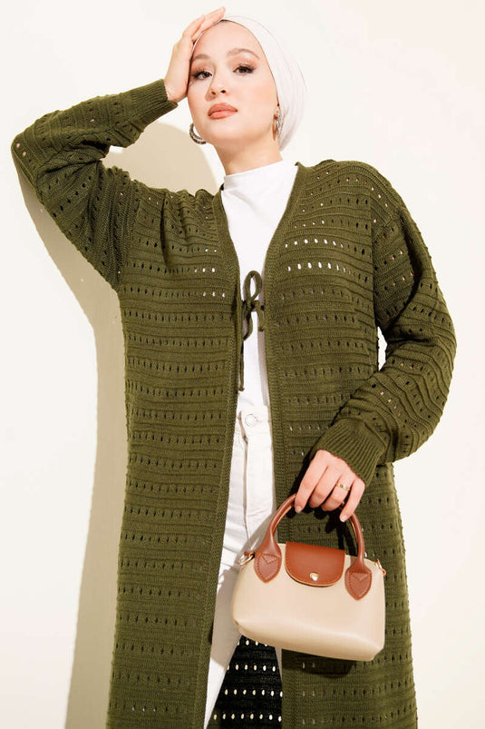 Bağcık Detaylı Uzun Triko Hırka Haki