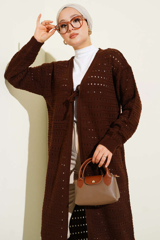 Bağcık Detaylı Uzun Triko Hırka Kahve