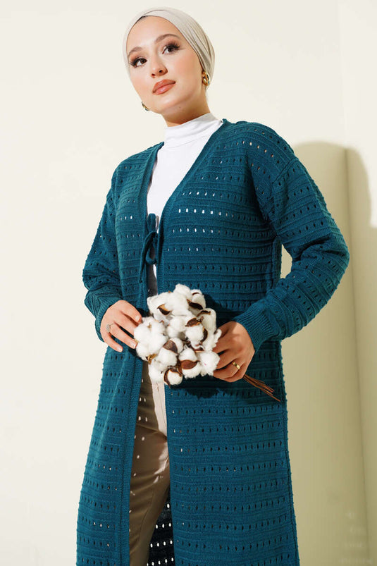 Bağcık Detaylı Uzun Triko Hırka Petrol