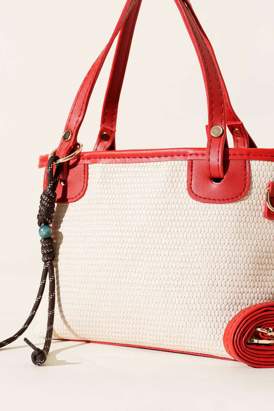 Red Straw Bag with Lace Trim Detail