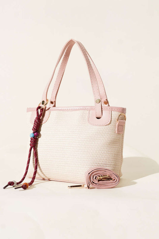 Borsa di paglia con rifiniture in pizzo, rosa cipria