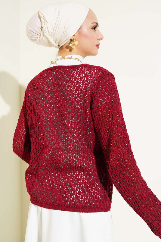 Cardigan court en maille ajourée à lacets rouge bordeaux