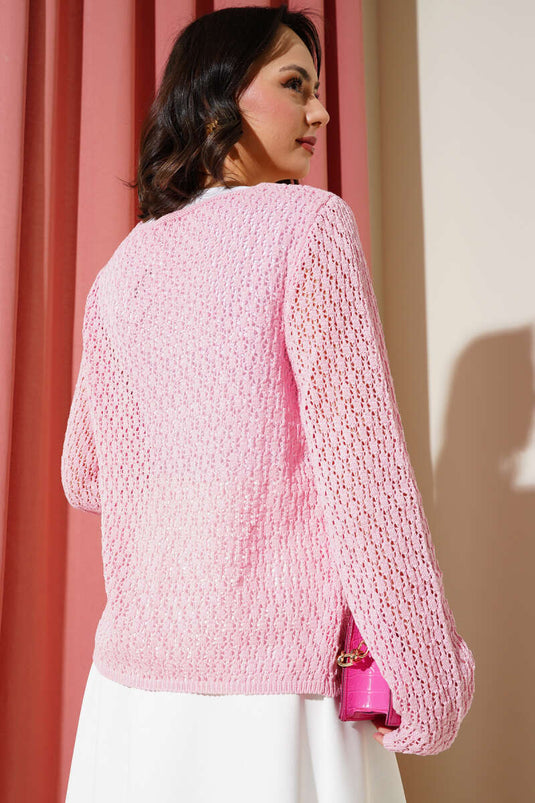 Laced Openwork Short Knitted Cardigan Pink