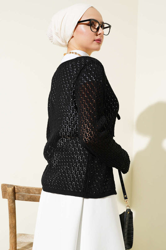 Cardigan court en maille ajourée à lacets noir