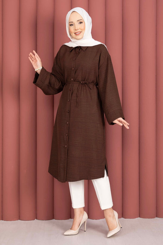 Tunika-Hemd mit durchgehender Knopfleiste und Kordelzug, Kaffee-Farbe