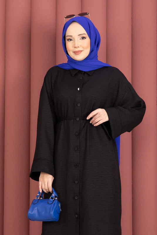 تونيك قميص بأزرار من الأعلى إلى الأسفل مع رباط أسود