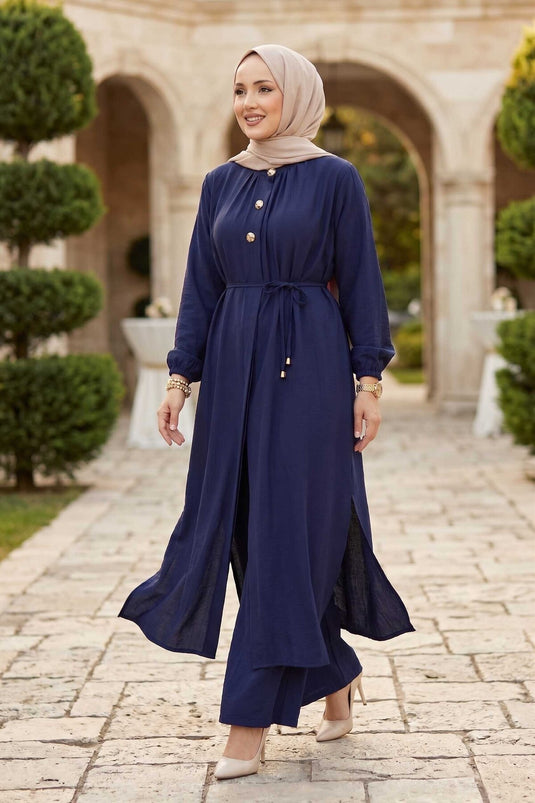 Ensemble tunique longue à col officier avec cordon, bleu marine