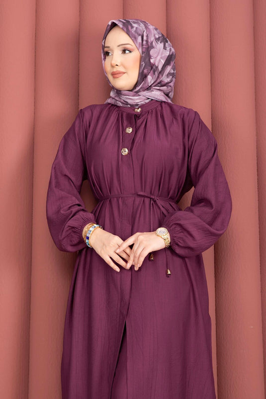 Ensemble tunique longue à col officier avec cordon, couleur prune