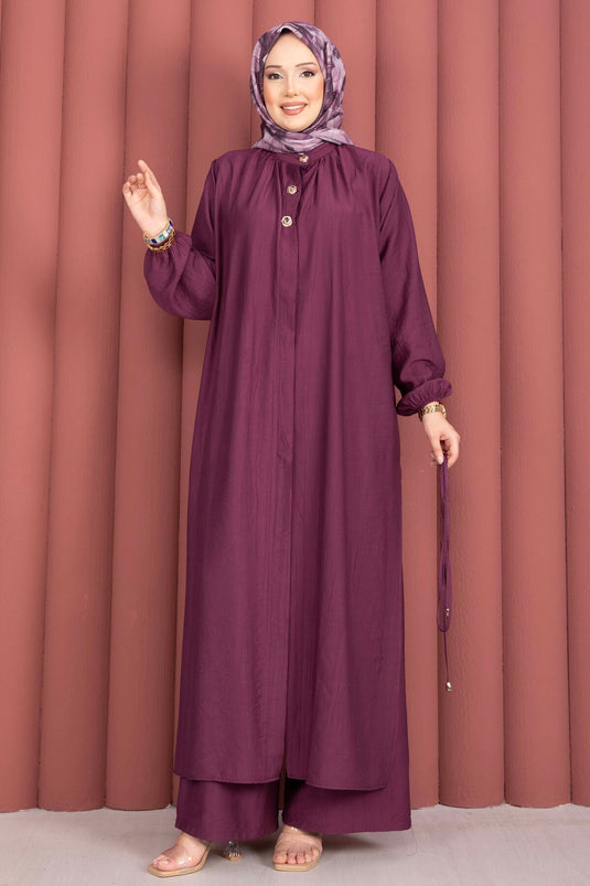 Langärmliges Tunika-Set mit Schnürung und Stehkragen, Pflaumenfarbe