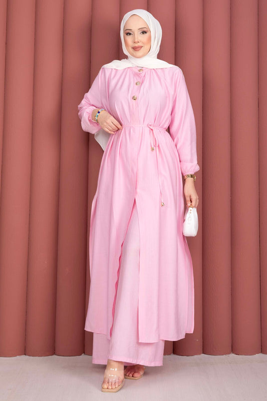 Ensemble tunique longue à col officier avec cordon rose