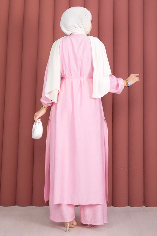 Ensemble tunique longue à col officier avec cordon rose