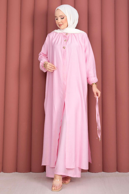 Ensemble tunique longue à col officier avec cordon rose