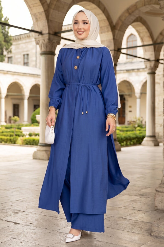 Ensemble tunique longue à col officier avec cordon bleu saphir
