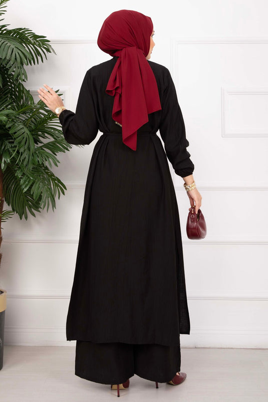 Ensemble tunique longue à col officier avec cordon noir