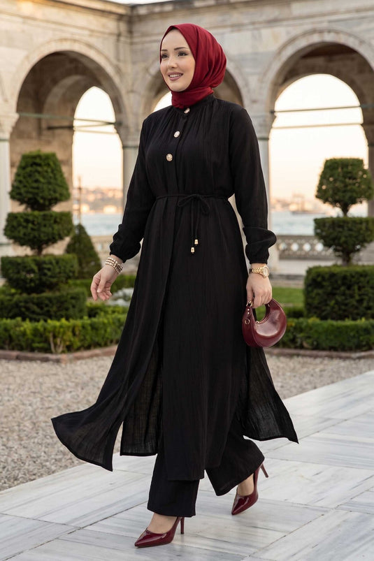 Ensemble tunique longue à col officier avec cordon noir