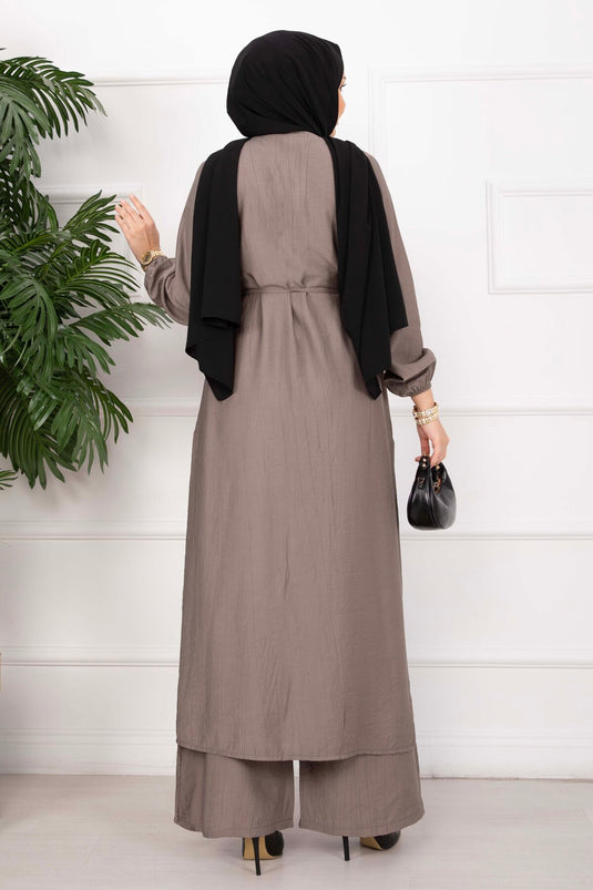 Ensemble tunique longue à col officier avec cordon, couleur vison