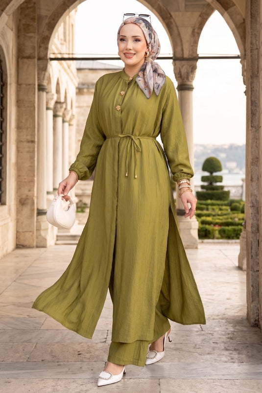 Ensemble tunique longue à col officier avec cordon vert olive