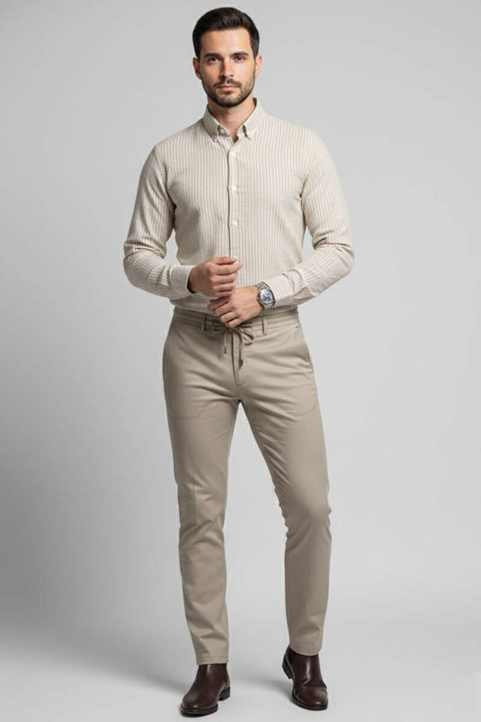 بنطال رياضي رجالي برباط بلون البيج