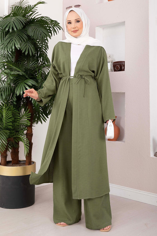 Bağcıklı Uzun Kimono Pantolon Takım Haki