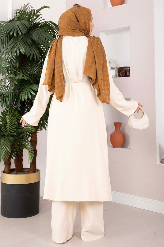 Bağcıklı Uzun Kimono Pantolon Takım Krem