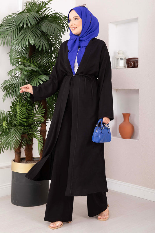 Bağcıklı Uzun Kimono Pantolon Takım Siyah